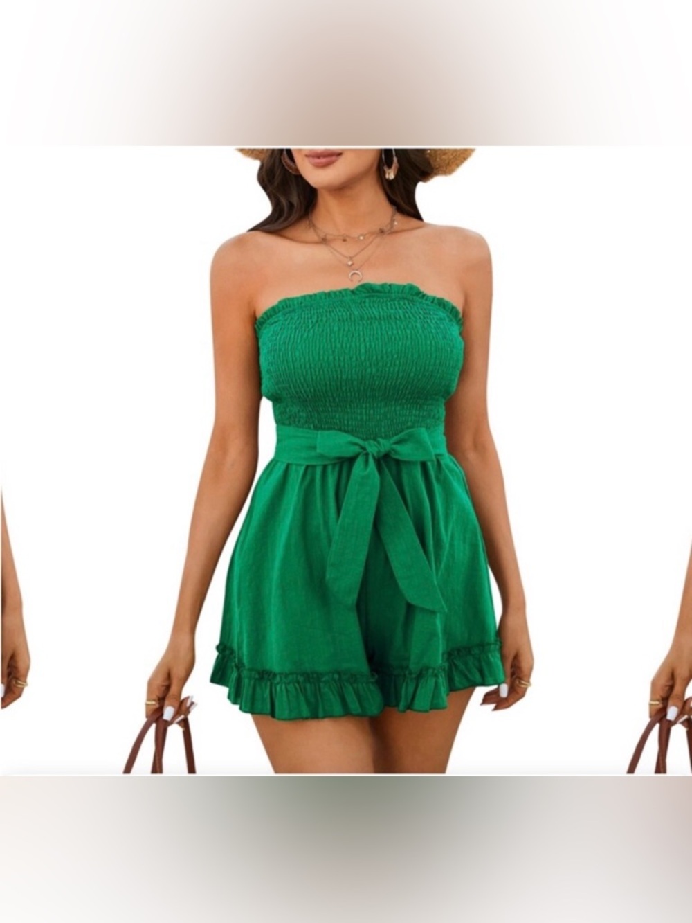 Green Strapless Smocked Romper with Waist Tie Ruffle Detail Linen blend Sz L